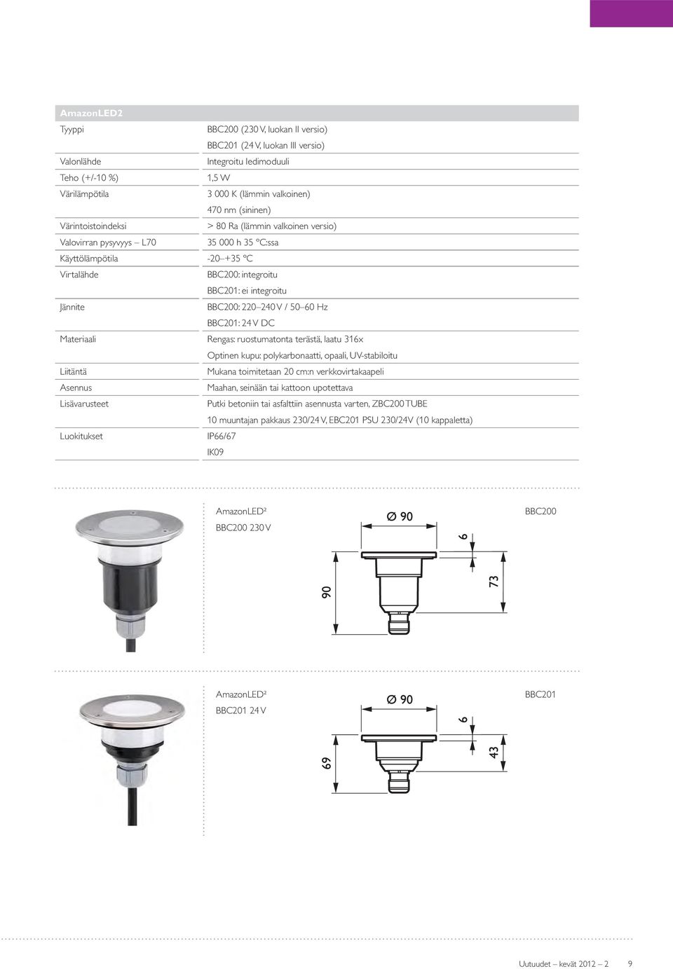 V / 50 60 Hz BBC201: 24 V DC Materiaali Rengas: ruostumatonta terästä, laatu 316x Optinen kupu: polykarbonaatti, opaali, UV-stabiloitu Liitäntä Mukana toimitetaan 20 cm:n verkkovirtakaapeli Asennus