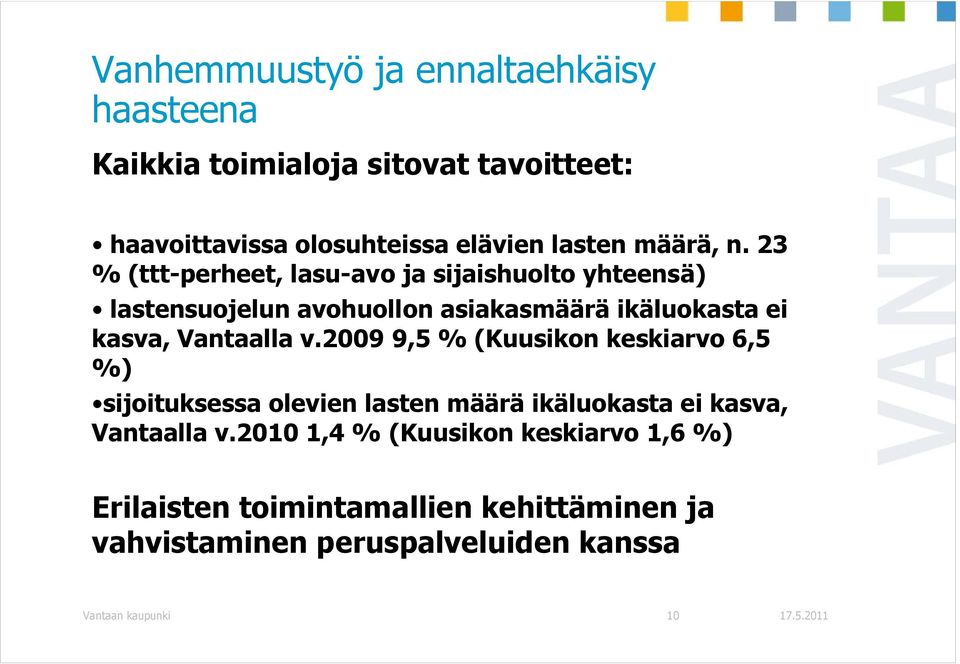 23 % (ttt-perheet, lasu-avo ja sijaishuolto yhteensä) lastensuojelun avohuollon asiakasmäärä ikäluokasta ei kasva, Vantaalla v.