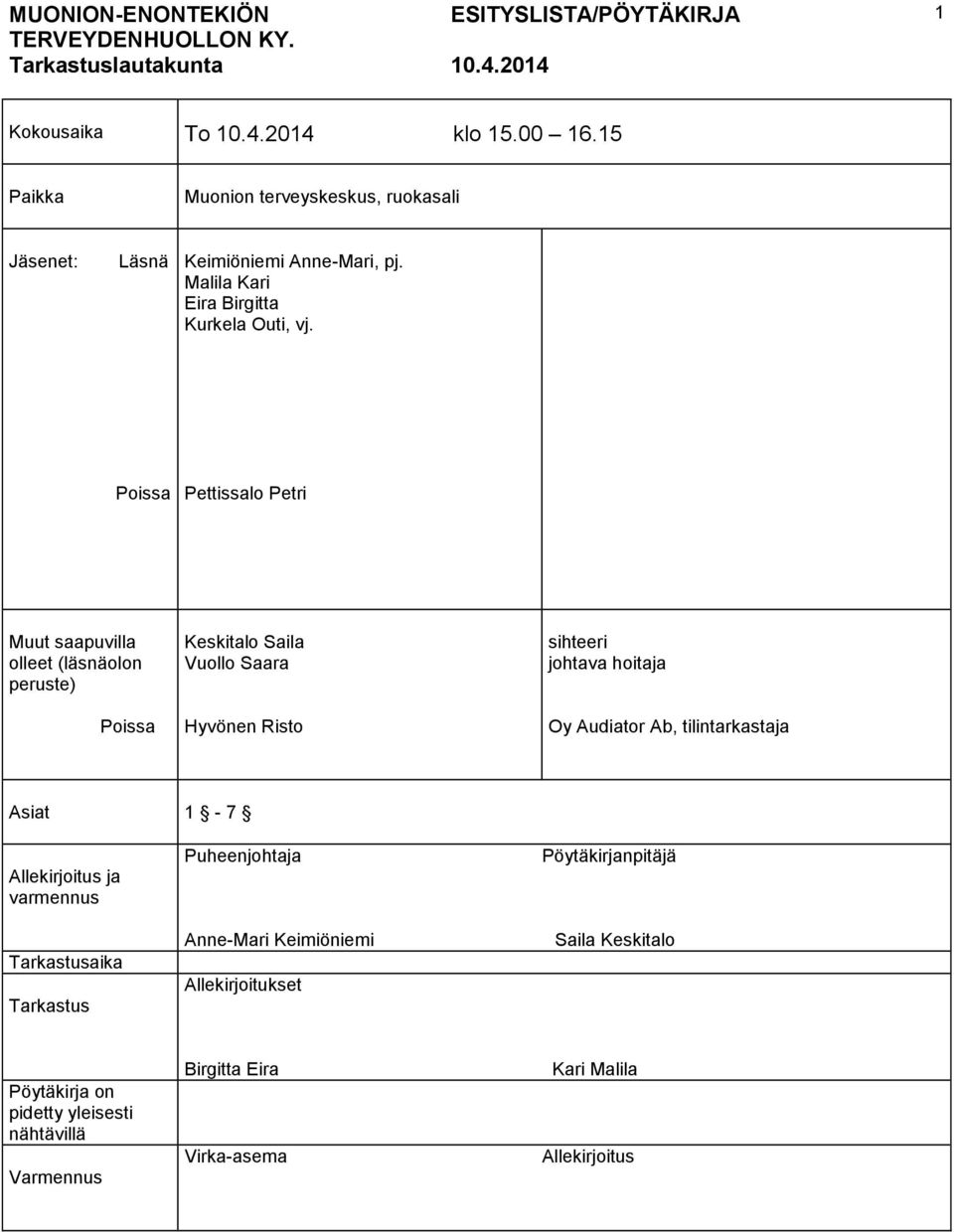 Poissa Pettissalo Petri Muut saapuvilla olleet (läsnäolon peruste) Poissa Keskitalo Saila Vuollo Saara Hyvönen Risto sihteeri johtava hoitaja Oy