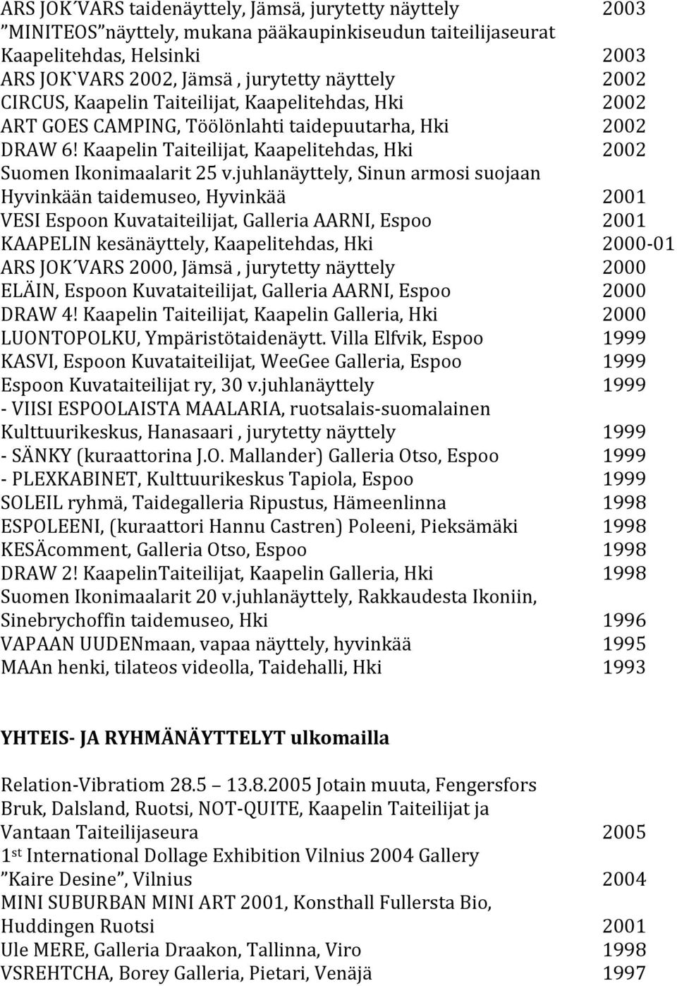 juhlanäyttely, Sinun armosi suojaan Hyvinkään taidemuseo, Hyvinkää VESI Espoon Kuvataiteilijat, Galleria AARNI, Espoo KAAPELIN kesänäyttely, Kaapelitehdas, Hki ARS JOK VARS, Jämsä, ELÄIN, Espoon