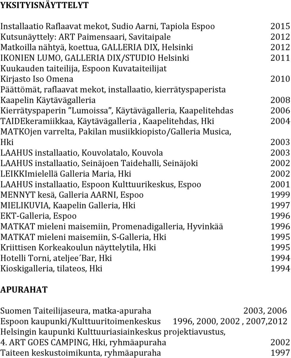 Käytävägalleria, Kaapelitehdas TAIDEkeramiikkaa, Käytävägalleria, Kaapelitehdas, Hki MATKOjen varrelta, Pakilan musiikkiopisto/galleria Musica, Hki LAAHUS installaatio, Kouvolatalo, Kouvola LAAHUS