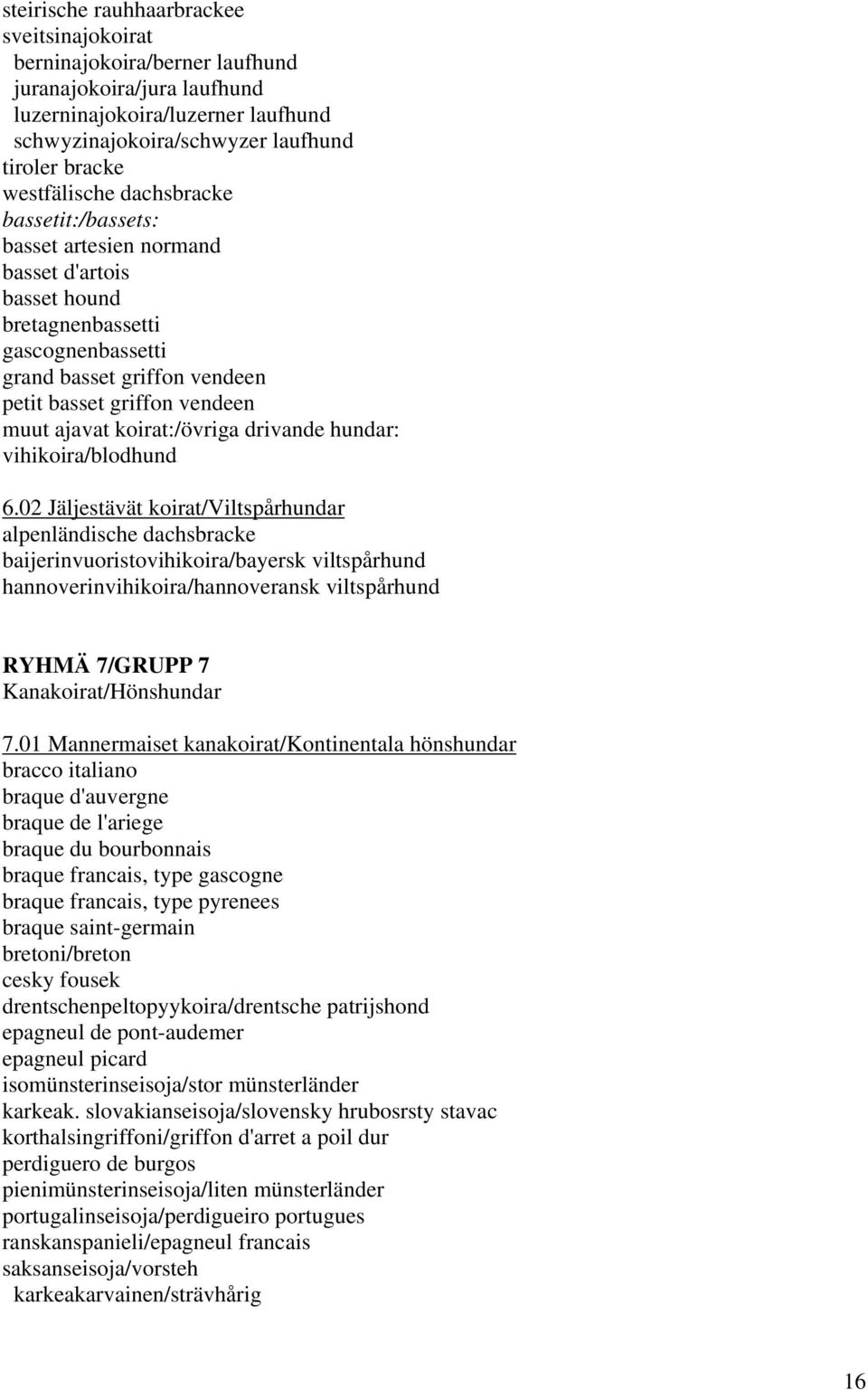 ajavat koirat:/övriga drivande hundar: vihikoira/blodhund 6.