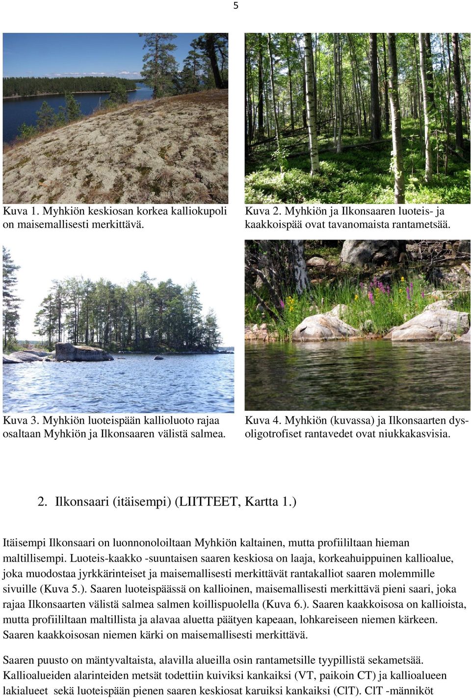 Ilkonsaari (itäisempi) (LIITTEET, Kartta 1.) Itäisempi Ilkonsaari on luonnonoloiltaan Myhkiön kaltainen, mutta profiililtaan hieman maltillisempi.