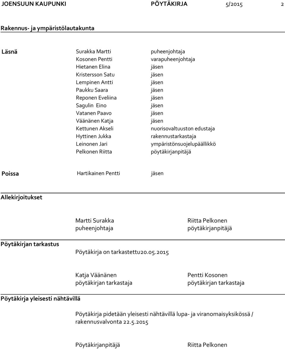 ympäristönsuojelupäällikkö Pelkonen Riitta pöytäkirjanpitäjä Poissa Hartikainen Pentti jäsen Allekirjoitukset Martti Surakka puheenjohtaja Riitta Pelkonen pöytäkirjanpitäjä Pöytäkirjan tarkastus