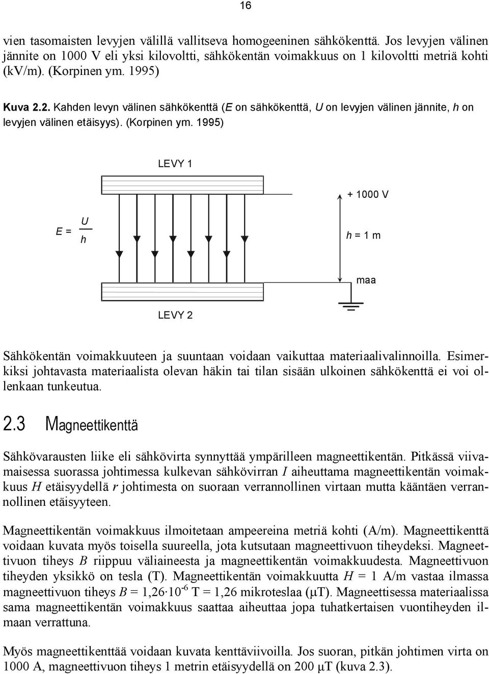 1995) LEVY 1 + 1000 V E = U h h = 1 m maa LEVY 2 Sähkökentän voimakkuuteen ja suuntaan voidaan vaikuttaa materiaalivalinnoilla.