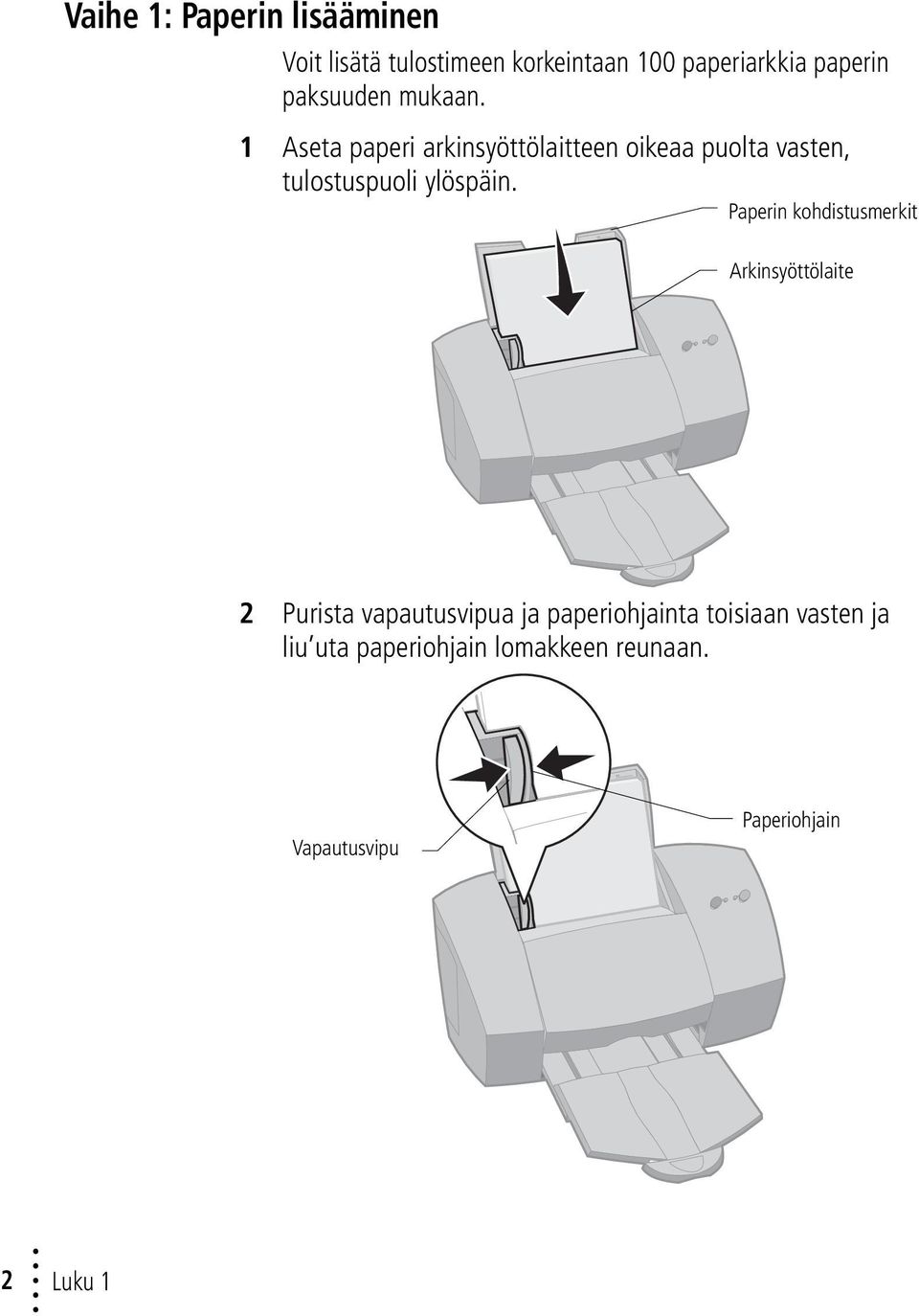 1 Aseta paperi arkinsyöttölaitteen oikeaa puolta vasten, tulostuspuoli ylöspäin.