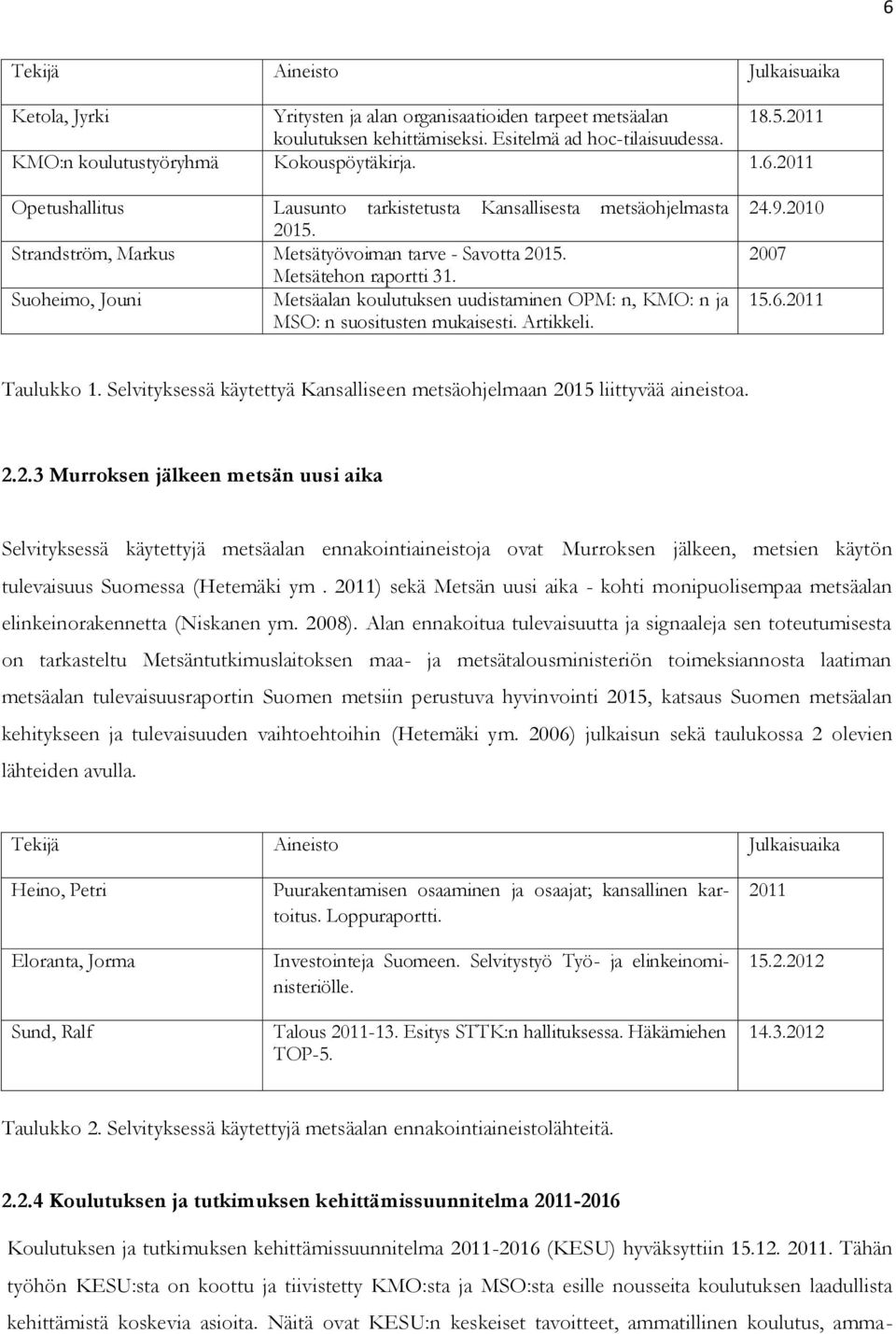 Metsätehon raportti 31. Suoheimo, Jouni Metsäalan koulutuksen uudistaminen OPM: n, KMO: n ja MSO: n suositusten mukaisesti. Artikkeli. 24.9.2010 2007 15.6.2011 Taulukko 1.