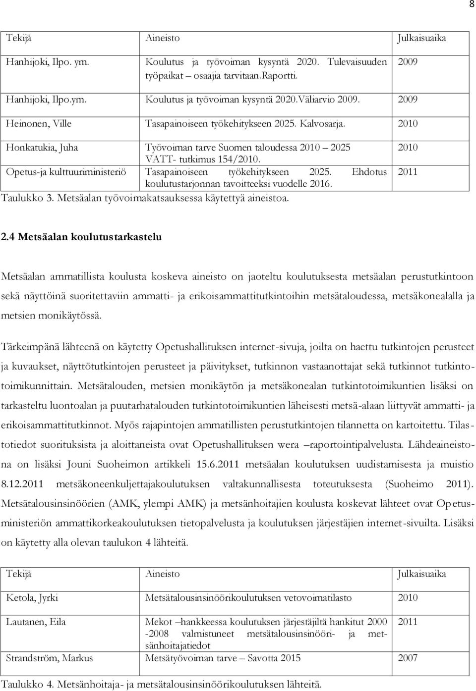 Opetus-ja kulttuuriministeriö Tasapainoiseen työkehitykseen 2025. Ehdotus koulutustarjonnan tavoitteeksi vuodelle 2016. Taulukko 3. Metsäalan työvoimakatsauksessa käytettyä aineistoa. 2010 2011 2.