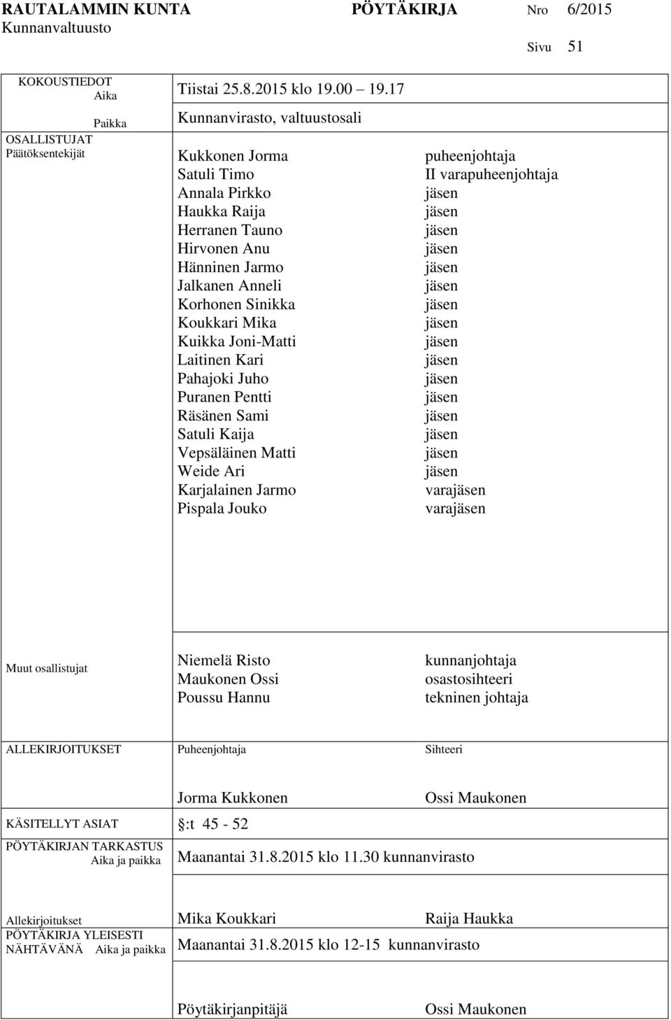 Laitinen Kari Pahajoki Juho Puranen Pentti Räsänen Sami Satuli Kaija Vepsäläinen Matti Weide Ari Karjalainen Jarmo Pispala Jouko puheenjohtaja II varapuheenjohtaja vara vara Muut osallistujat Niemelä