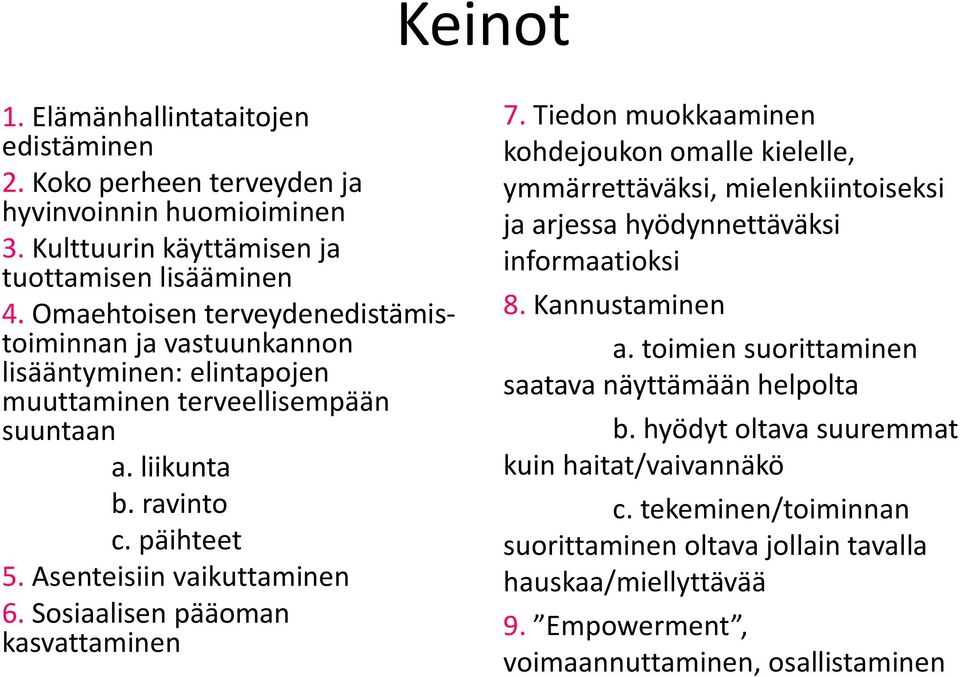 Sosiaalisen pääoman kasvattaminen 7. Tiedon muokkaaminen kohdejoukon omalle kielelle, ymmärrettäväksi, mielenkiintoiseksi ja arjessa hyödynnettäväksi informaatioksi 8. Kannustaminen a.