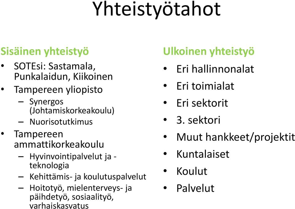 Kehittämis- ja koulutuspalvelut Hoitotyö, mielenterveys- ja päihdetyö, sosiaalityö, varhaiskasvatus Ulkoinen