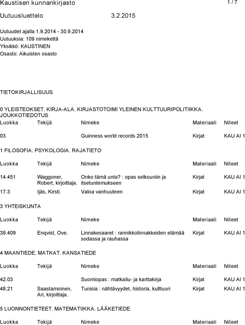: opas selkouniin ja itsetuntemukseen 17.3 Ijäs, Kirsti. Valoa vanhuuteen 3 YHTEISKUNTA 39.409 Enqvist, Ove.