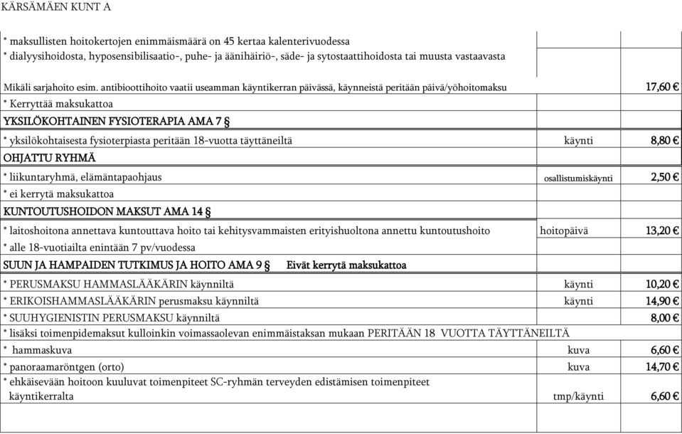 antibioottihoito vaatii useamman käyntikerran päivässä, käynneistä peritään päivä/yöhoitomaksu 17,60 * Kerryttää maksukattoa YKSILÖKOHTAINEN FYSIOTERAPIA AMA 7 * yksilökohtaisesta fysioterpiasta