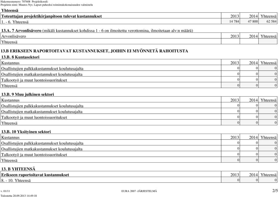 B ERIKSEEN RAPORTOITAVAT KUSTANNUKSET, JOIHIN EI MYÖNNETÄ RAHOITUSTA 13.B. 8 Kuntasektori Kustannus 2013 2014 Yhteensä Osallistujien palkkakustannukset koulutusajalta 0 0 0 Osallistujien