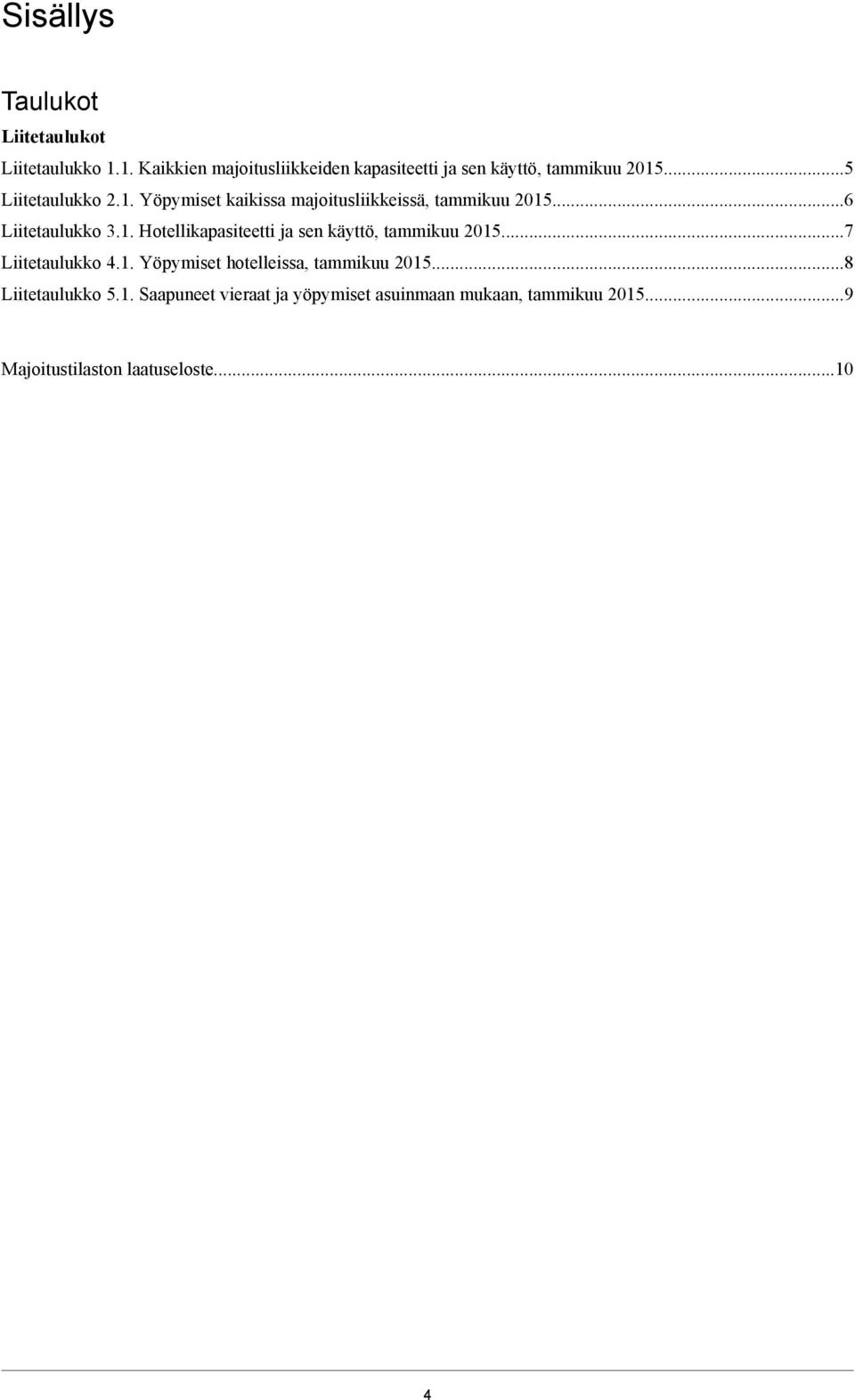 ..6 Liitetaulukko 3.1. Hotellikapasiteetti ja sen käyttö, tammikuu 2015...7 Liitetaulukko 4.1. Yöpymiset hotelleissa, tammikuu 2015.