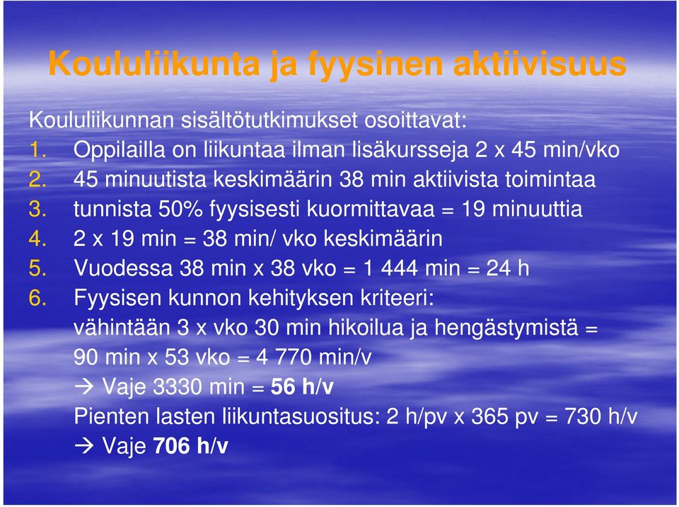 tunnista 50% fyysisesti kuormittavaa = 19 minuuttia 4. 2 x 19 min = 38 min/ vko keskimäärin 5. Vuodessa 38 min x 38 vko = 1 444 min = 24 h 6.