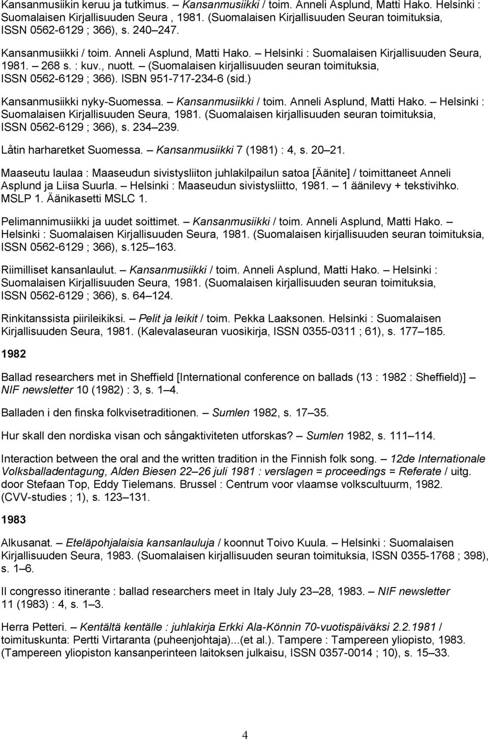 , nuott. (Suomalaisen kirjallisuuden seuran toimituksia, ISSN 0562-6129 ; 366). ISBN 951-717-234-6 (sid.) Kansanmusiikki nyky-suomessa. Kansanmusiikki / toim. Anneli Asplund, Matti Hako.