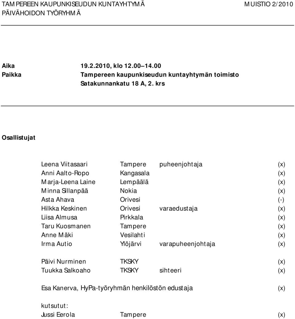 Asta Ahava Orivesi ( ) Hilkka Keskinen Orivesi varaedustaja (x) Liisa Almusa Pirkkala (x) Taru Kuosmanen Tampere (x) Anne Mäki Vesilahti (x) Irma