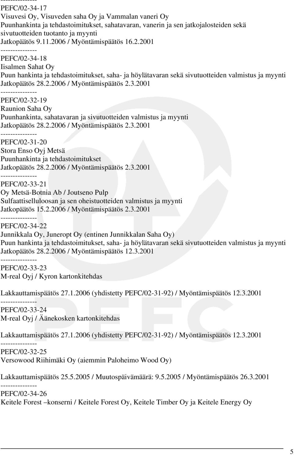 3.2001 PEFC/02-32-19 Raunion Saha Oy Puunhankinta, sahatavaran ja sivutuotteiden valmistus ja myynti Jatkopäätös 28.2.2006 / Myöntämispäätös 2.3.2001 PEFC/02-31-20 Stora Enso Oyj Metsä Puunhankinta ja tehdastoimitukset Jatkopäätös 28.