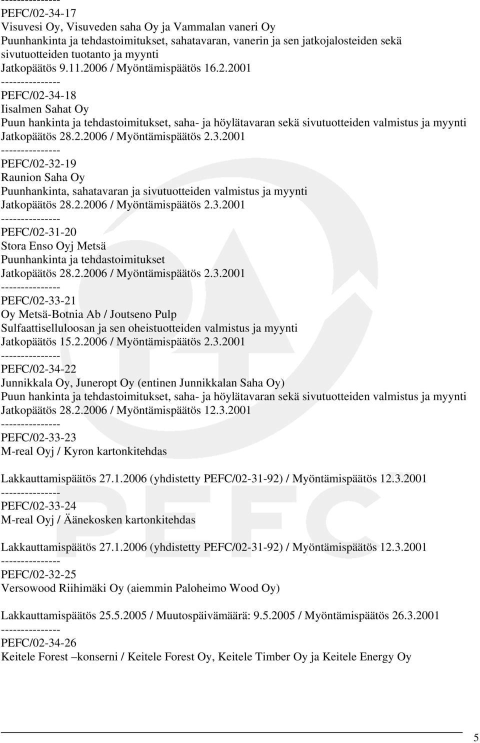 3.2001 PEFC/02-32-19 Raunion Saha Oy Puunhankinta, sahatavaran ja sivutuotteiden valmistus ja myynti Jatkopäätös 28.2.2006 / Myöntämispäätös 2.3.2001 PEFC/02-31-20 Stora Enso Oyj Metsä Puunhankinta ja tehdastoimitukset Jatkopäätös 28.