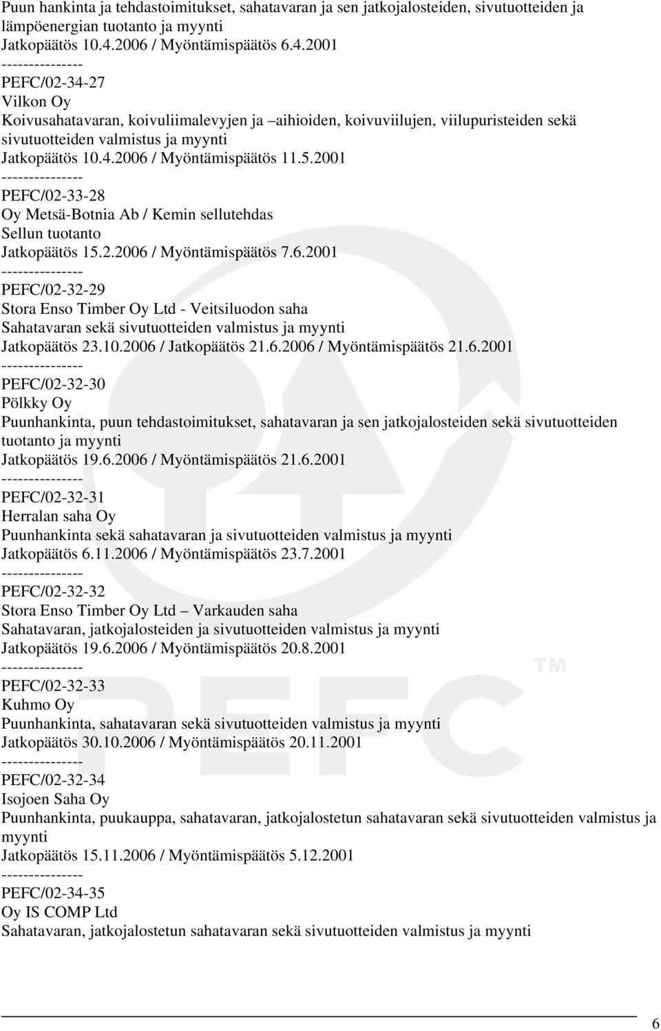 5.2001 PEFC/02-33-28 Oy Metsä-Botnia Ab / Kemin sellutehdas Sellun tuotanto Jatkopäätös 15.2.2006 