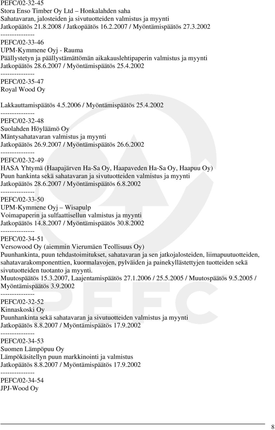 9.2007 / Myöntämispäätös 26.6.2002 PEFC/02-32-49 HASA Yhtymä (Haapajärven Ha-Sa Oy, Haapaveden Ha-Sa Oy, Haapuu Oy) Puun hankinta sekä sahatavaran ja sivutuotteiden valmistus ja myynti Jatkopäätös 28.