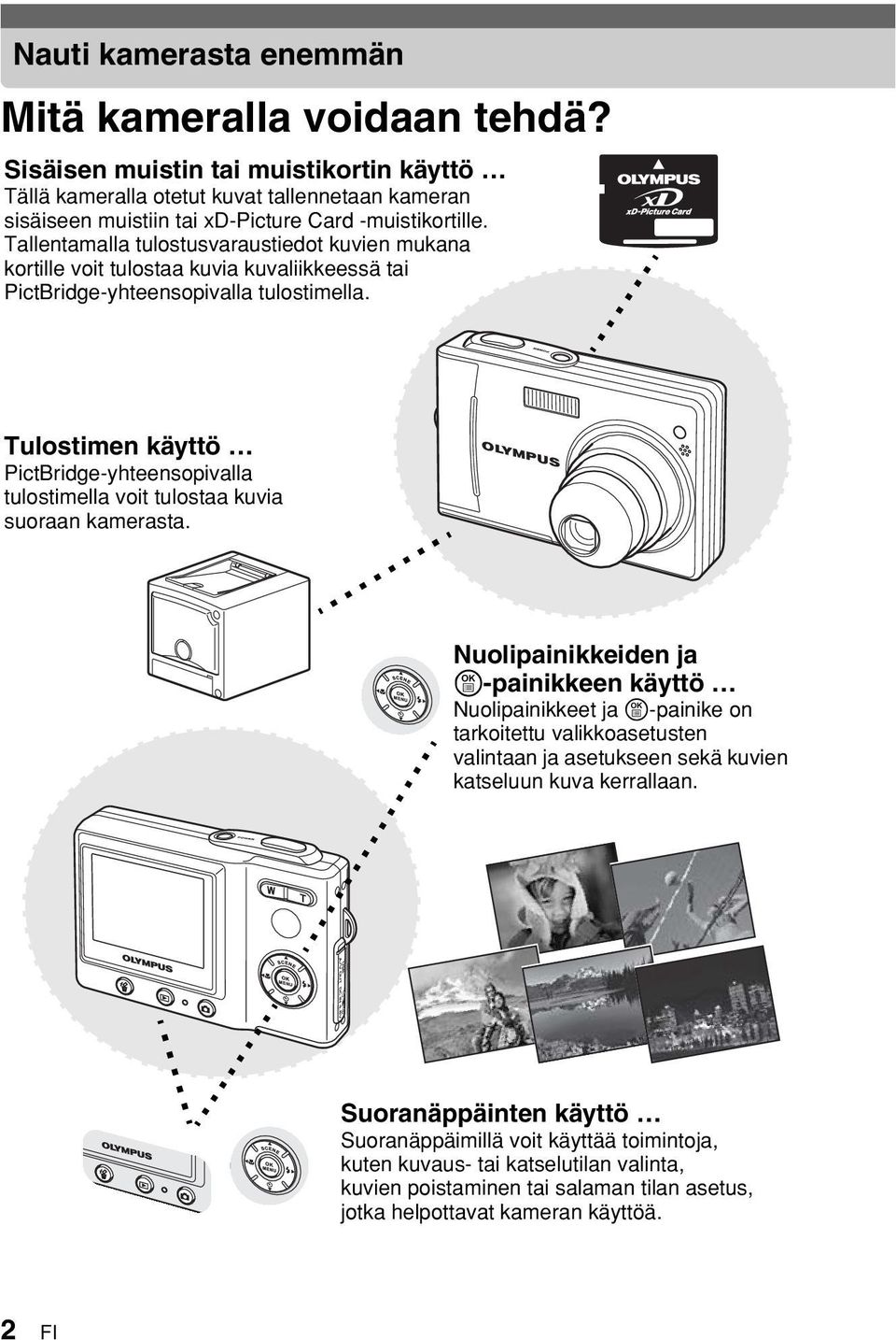 Tallentamalla tulostusvaraustiedot kuvien mukana kortille voit tulostaa kuvia kuvaliikkeessä tai PictBridge-yhteensopivalla tulostimella.