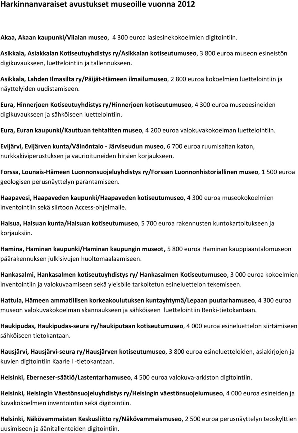 Asikkala, Lahden Ilmasilta ry/päijät Hämeen ilmailumuseo, 2 800 euroa kokoelmien luettelointiin ja näyttelyiden uudistamiseen.