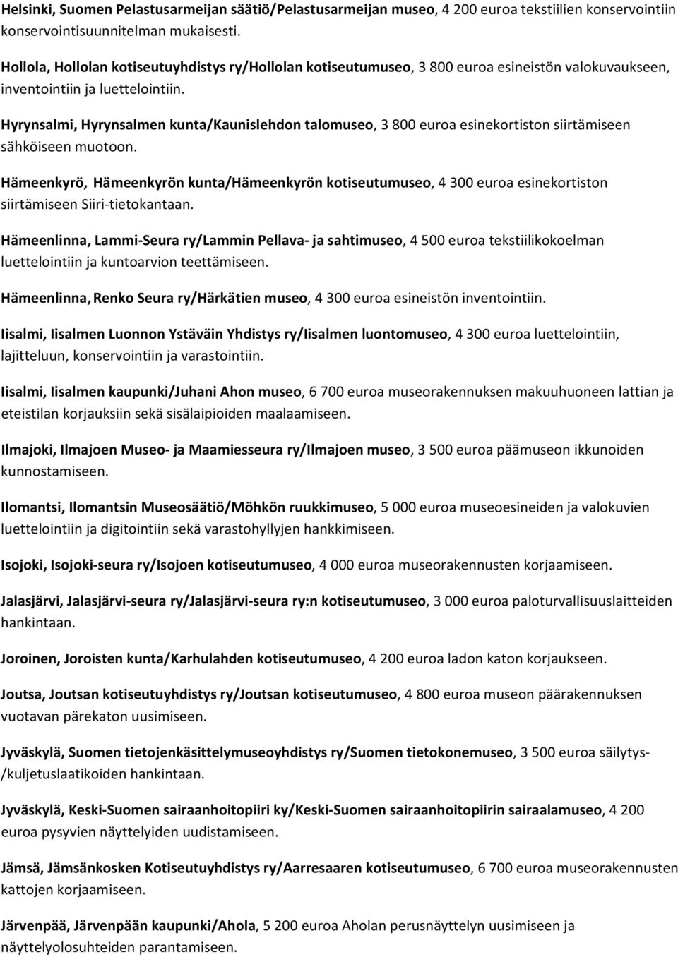 Hyrynsalmi, Hyrynsalmen kunta/kaunislehdon talomuseo, 3 800 euroa esinekortiston siirtämiseen sähköiseen muotoon.