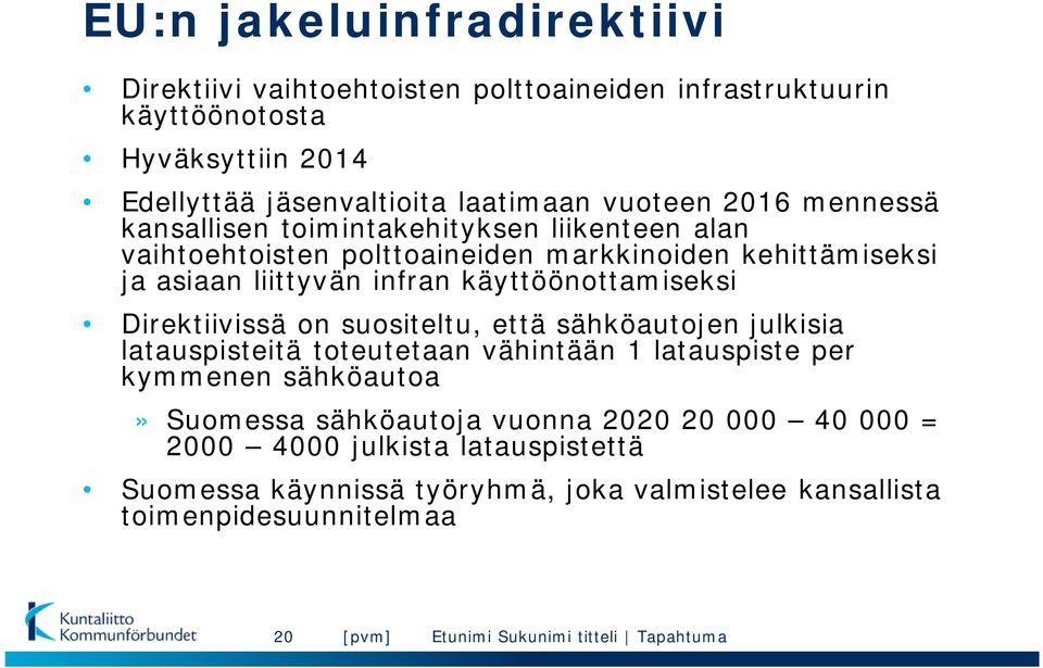 Direktiivissä on suositeltu, että sähköautojen julkisia latauspisteitä toteutetaan vähintään 1 latauspiste per kymmenen sähköautoa» Suomessa sähköautoja vuonna 2020 20