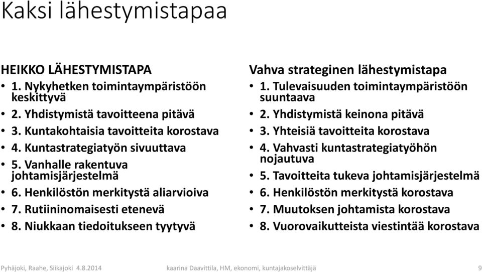 Niukkaan tiedoitukseen tyytyvä Vahva strateginen lähestymistapa 1. Tulevaisuuden toimintaympäristöön suuntaava 2. Yhdistymistä keinona pitävä 3. Yhteisiä tavoitteita korostava 4.