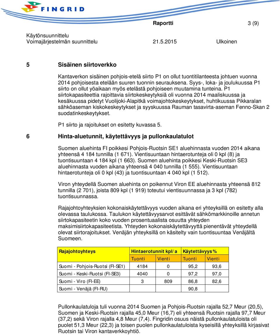 P1 siirtokapasiteettia rajoittavia siirtokeskeytyksiä oli vuonna 2014 maaliskuussa ja kesäkuussa pidetyt Vuolijoki-Alapitkä voimajohtokeskeytykset, huhtikuussa Pikkaralan sähköaseman