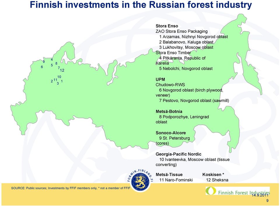 veneer) 7 Pestovo, Novgorod oblast (sawmill) Metsä-Botnia 8 Podporozhye, Leningrad oblast Sonoco-Alcore 9 St.