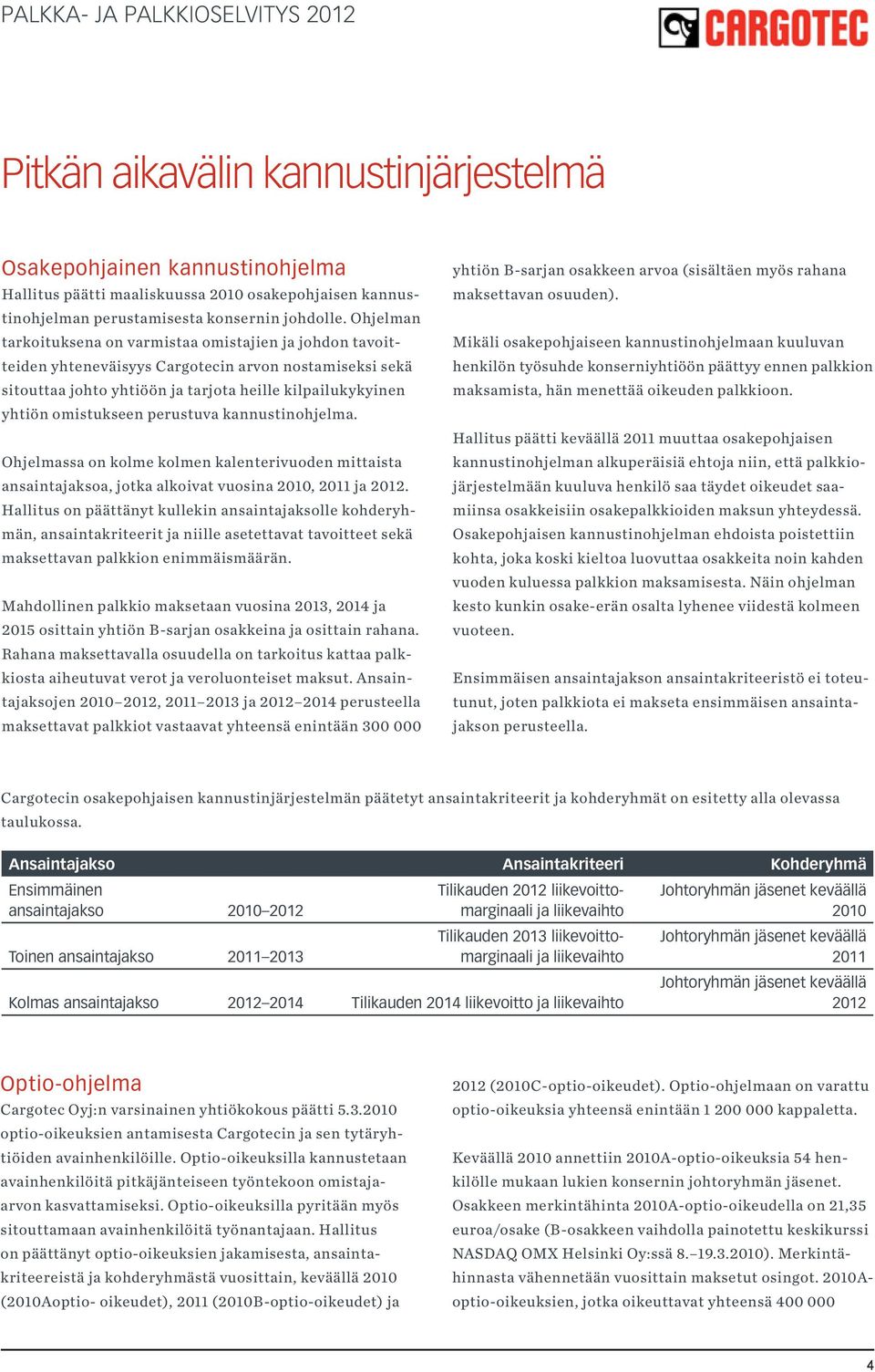 perustuva kannustinohjelma. Ohjelmassa on kolme kolmen kalenterivuoden mittaista ansaintajaksoa, jotka alkoivat vuosina 2010, 2011 ja 2012.