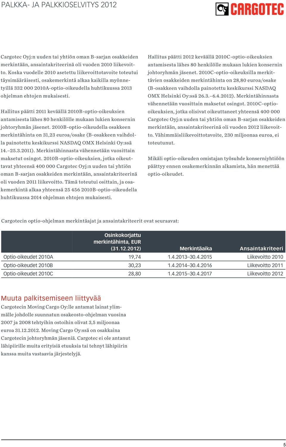 Hallitus päätti 2011 keväällä 2010B-optio-oikeuksien antamisesta lähes 80 henkilölle mukaan lukien konsernin johtoryhmän jäsenet.