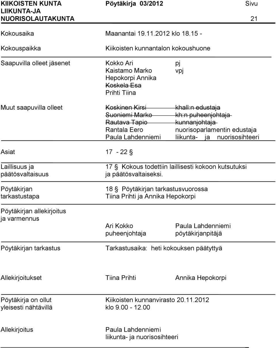 edustaja Suoniemi Marko kh:n puheenjohtaja Rautava Tapio kunnanjohtaja Rantala Eero nuorisoparlamentin edustaja Paula Lahdenniemi liikunta- ja nuorisosihteeri Asiat 17-22 Laillisuus ja