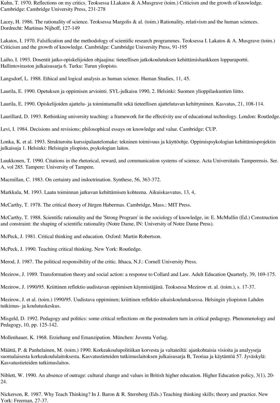 Falsification and the methodology of scientific research programmes. Teoksessa I. Lakatos & A. Musgrave (toim.) Criticism and the growth of knowledge.