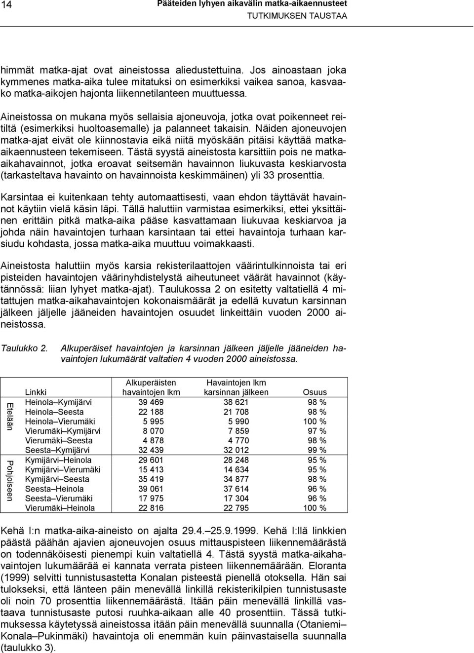 Aineistossa on mukana myös sellaisia ajoneuvoja, jotka ovat poikenneet reitiltä (esimerkiksi huoltoasemalle) ja palanneet takaisin.