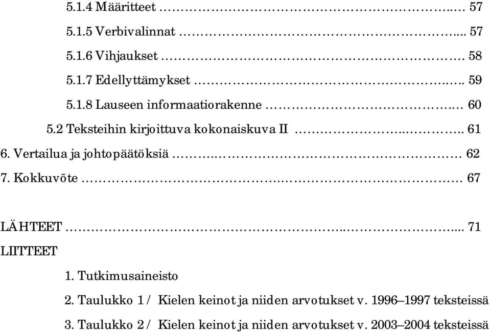 67 LÄHTEET..... 71 LIITTEET 1. Tutkimusaineisto 2. Taulukko 1 / Kielen keinot ja niiden arvotukset v.