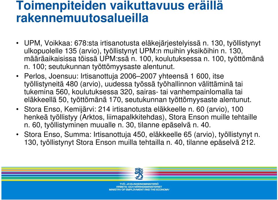 Perlos, Joensuu: Irtisanottuja 2006 2007 yhteensä 1 600, itse työllistyneitä 480 (arvio), uudessa työssä työhallinnon välittäminä tai tukemina 560, koulutuksessa 320, sairas- tai vanhempainlomalla