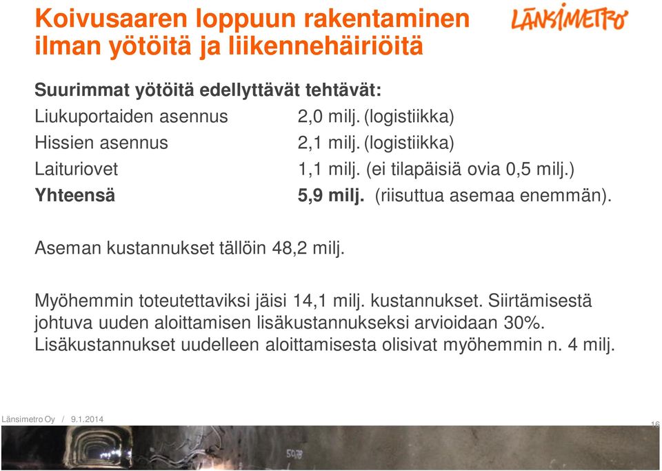 (riisuttua asemaa enemmän). Aseman kustannukset tällöin 48,2 milj. Myöhemmin toteutettaviksi jäisi 14,1 milj. kustannukset. Siirtämisestä johtuva uuden aloittamisen lisäkustannukseksi arvioidaan 30%.