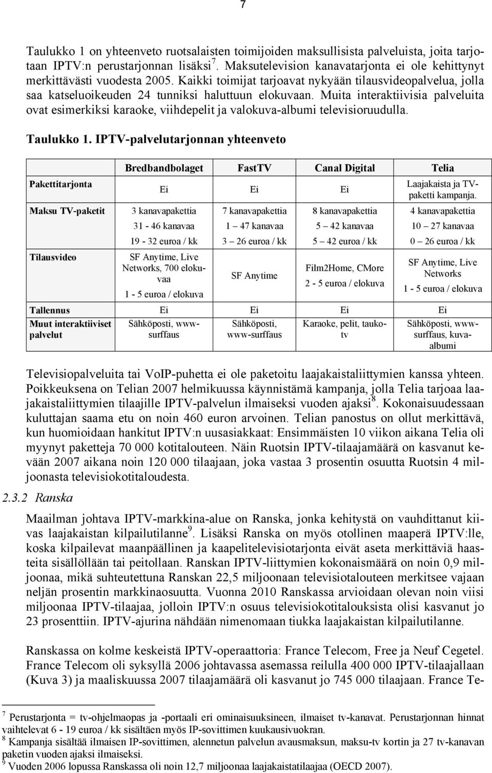 Muita interaktiivisia palveluita ovat esimerkiksi karaoke, viihdepelit ja valokuva-albumi televisioruudulla. Taulukko 1.