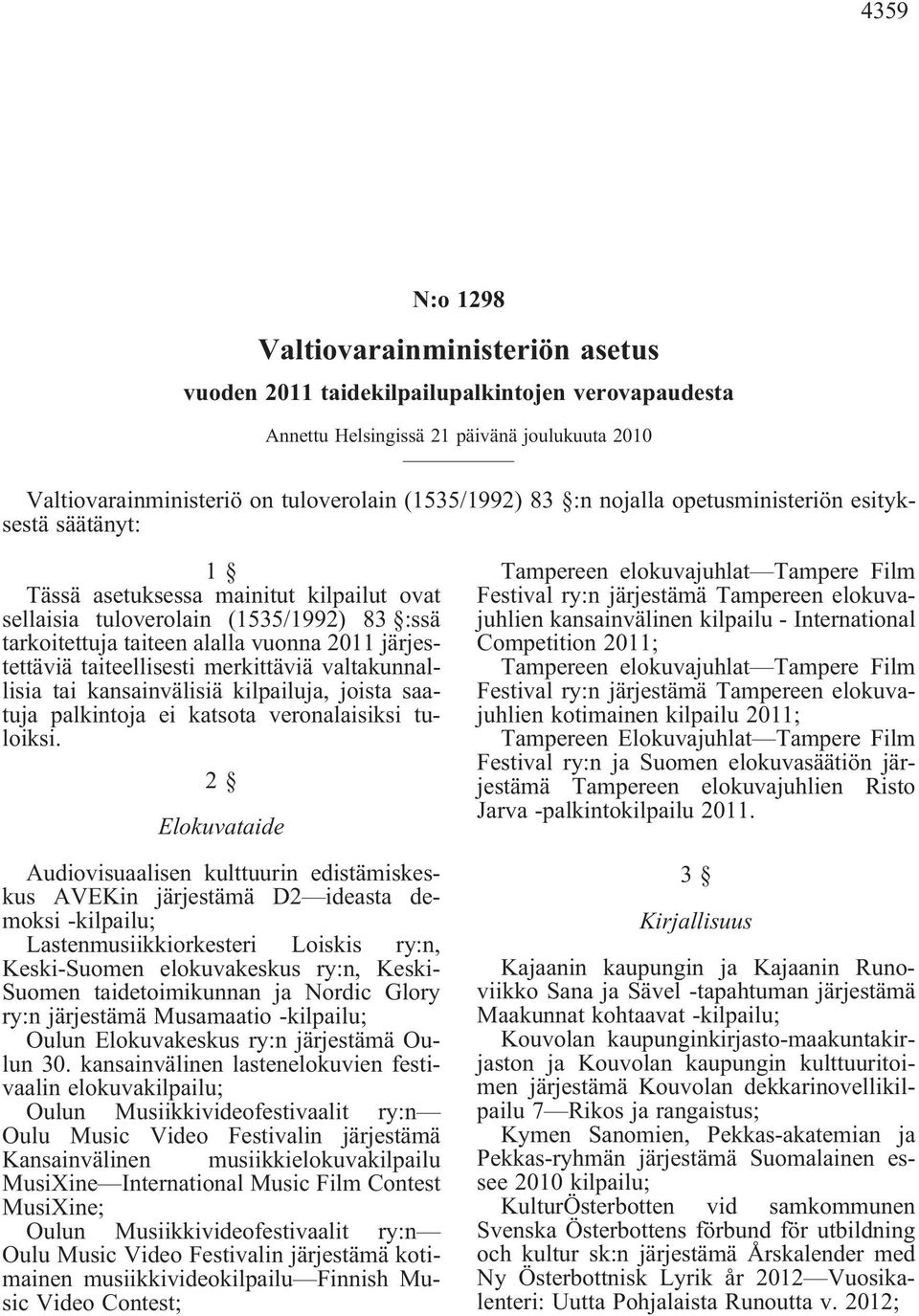 taiteellisesti merkittäviä valtakunnallisia tai kansainvälisiä kilpailuja, joista saatuja palkintoja ei katsota veronalaisiksi tuloiksi.