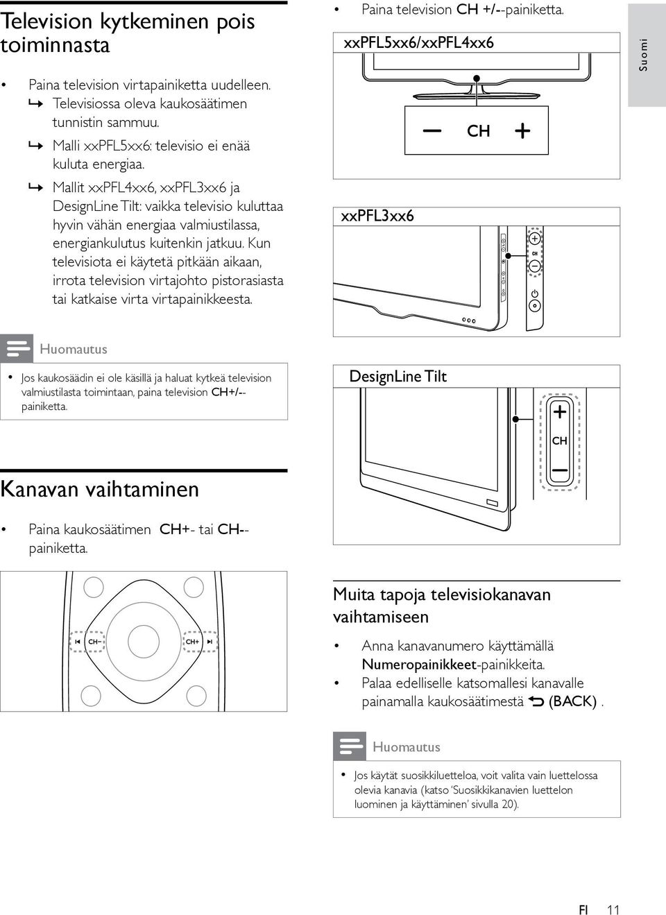 Kun televisiota ei käytetä pitkään aikaan, irrota television virtajohto pistorasiasta tai katkaise virta virtapainikkeesta. Paina television CH +/--painiketta.