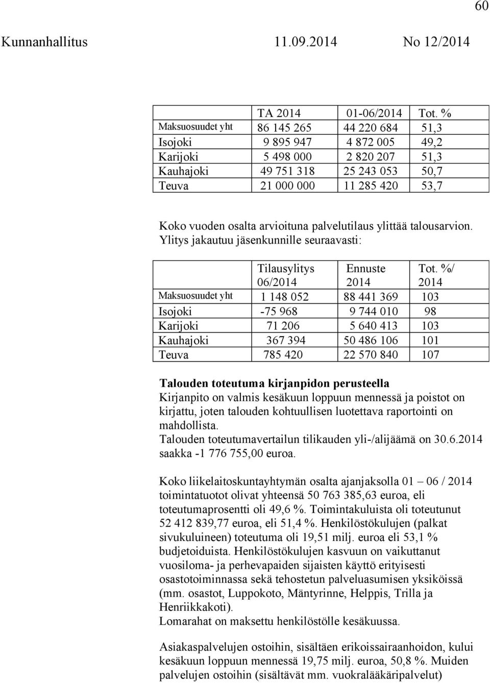 osalta arvioituna palvelutilaus ylittää talousarvion. Ylitys jakautuu jäsenkunnille seuraavasti: Tilausylitys 06/2014 Ennuste 2014 Tot.