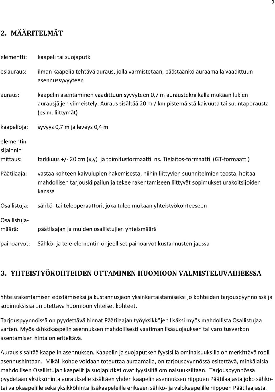 Auraus sisältää 20 m / km pistemäistä kaivuuta tai suuntaporausta (esim. liittymät) syvyys 0,7 m ja leveys 0,4 m tarkkuus +/- 20 cm (x,y) ja toimitusformaatti ns.