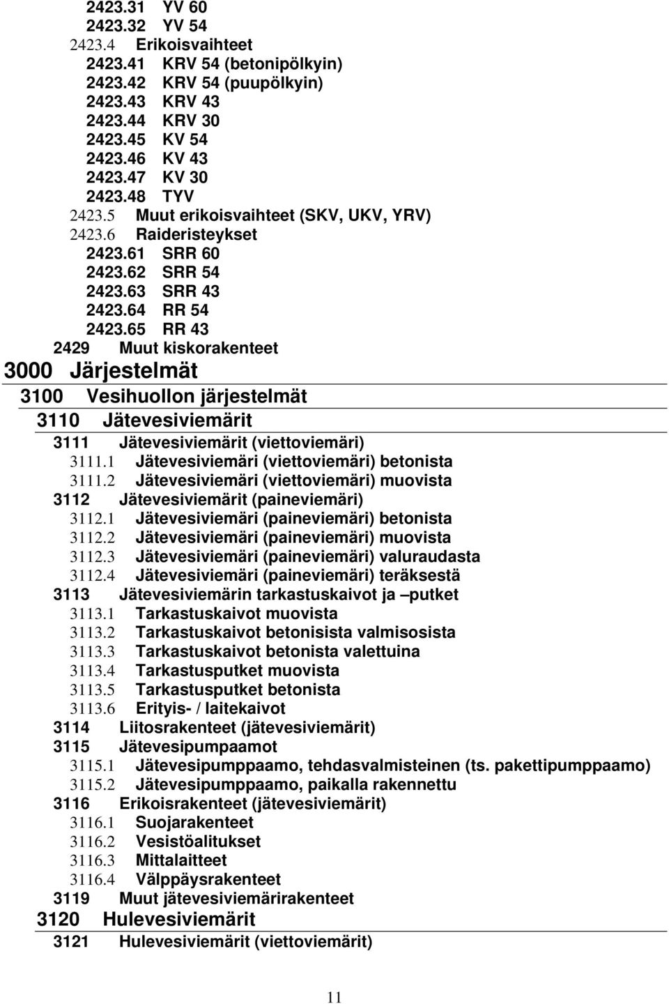 65 RR 43 2429 Muut kiskorakenteet 3000 Järjestelmät 3100 Vesihuollon järjestelmät 3110 Jätevesiviemärit 3111 Jätevesiviemärit (viettoviemäri) 3111.1 Jätevesiviemäri (viettoviemäri) betonista 3111.