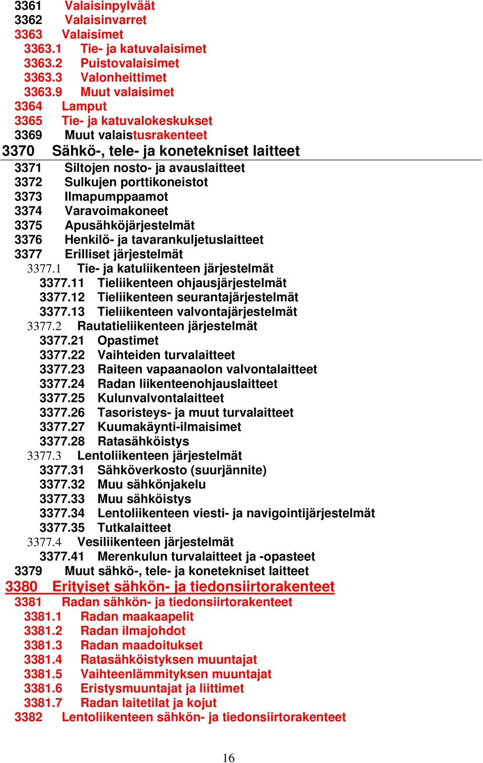 porttikoneistot 3373 Ilmapumppaamot 3374 Varavoimakoneet 3375 Apusähköjärjestelmät 3376 Henkilö- ja tavarankuljetuslaitteet 3377 Erilliset järjestelmät 3377.1 Tie- ja katuliikenteen järjestelmät 3377.