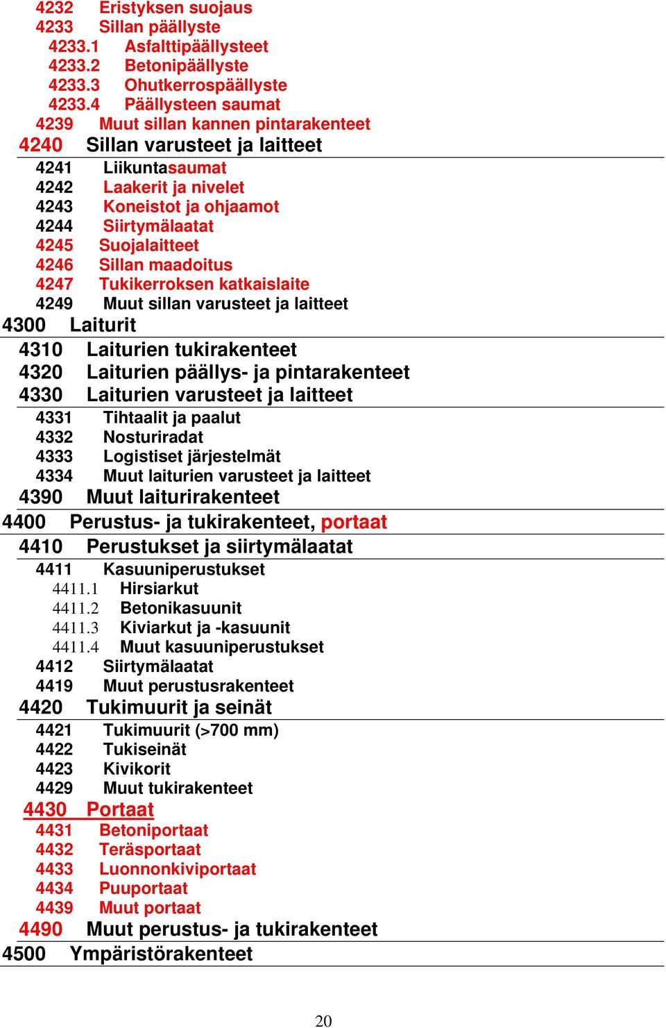 Suojalaitteet 4246 Sillan maadoitus 4247 Tukikerroksen katkaislaite 4249 Muut sillan varusteet ja laitteet 4300 Laiturit 4310 Laiturien tukirakenteet 4320 Laiturien päällys- ja pintarakenteet 4330