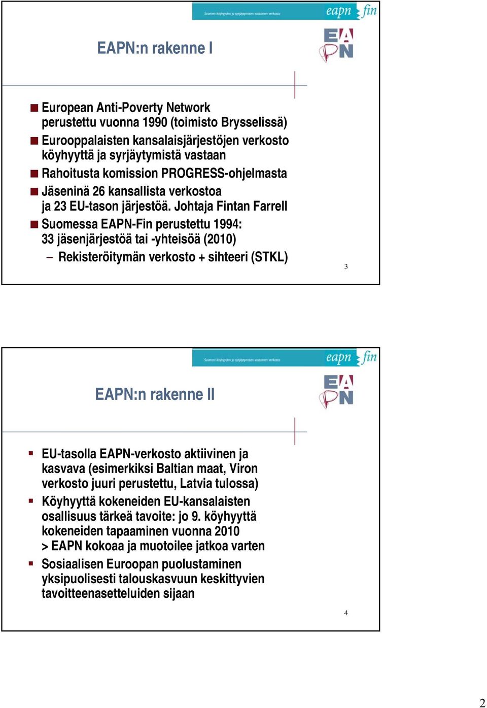 Johtaja Fintan Farrell Suomessa EAPN-Fin perustettu 1994: 33 jäsenjärjestöä tai -yhteisöä (2010) Rekisteröitymän verkosto + sihteeri (STKL) 3 EAPN:n rakenne II EU-tasolla EAPN-verkosto aktiivinen ja